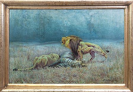 Lion Pair Beside Slain Zebra in Starry Night