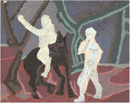 Mann auf Pferd mit Begleiter