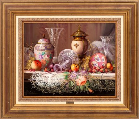 Table still life with vases and fruit
