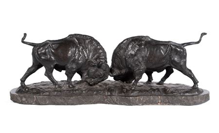 Two bison, horns locked in battle