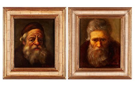 Two portraits of older bearded gentlemen done in the style of Rembrandt.