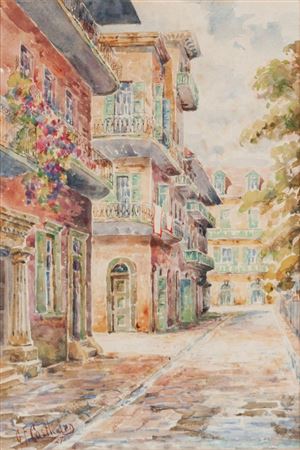 A street scene with flower filled porches lining a cobblestone street, likely the French Quarter
