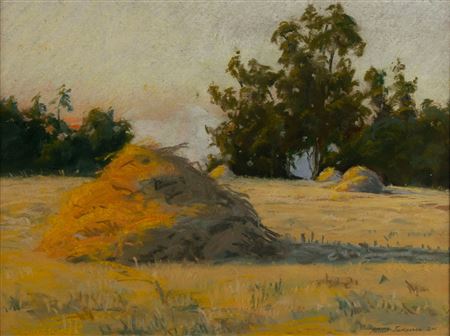 Country landscape with prominent haystack in a field