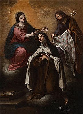 St. Teresa receives the necklace from the hands of the Virgin and St. Joseph