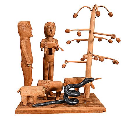 Adam and Eve In The Garden With Animals, Serpent and Apple Tree.
