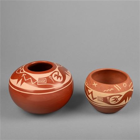 Pair of Redware Bowls with Avanyu Motif