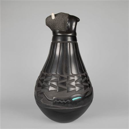 Tall Jar with Carved Avanyu, Turqouise Accent and Bison Lid 2005
