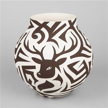 Black on White Jar with Deer and Cloud Designs, 2020