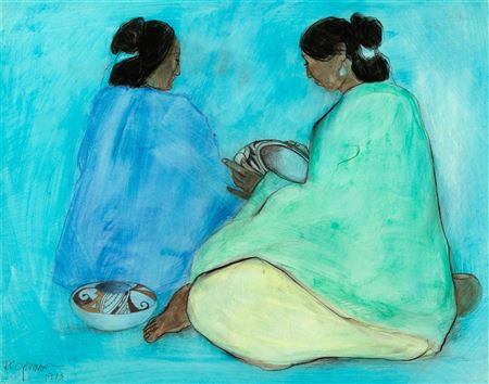 Two Women with Pots, 1973 by R C Gorman - Auction record, sale price, and art valuation. Compare with similar artists and explore comparable artworks.