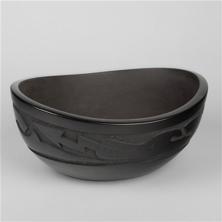 Oblong Blackware Bowl with Avanyu Design