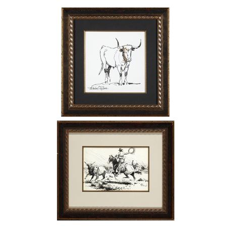 Pair of Drawings: Single Steer + Round Up