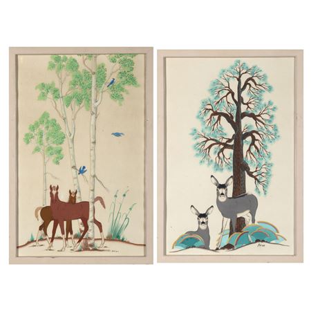 Pair of Paintings: Deer + Horses