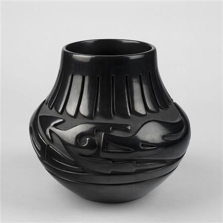 Blackware Jar with Carved Avanyu and Feather Designs, ca. 1975