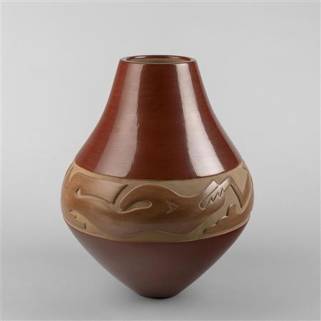 Polychrome Pottery Jar with Carved Avanyu, ca. 1985