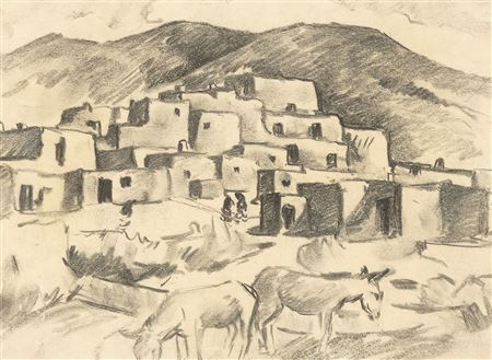Untitled (Taos Pueblo with Burros)
