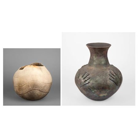 Two Pottery Vessels: Carved Pottery Jar, 1995 + Raku Pot with Hands, 2004