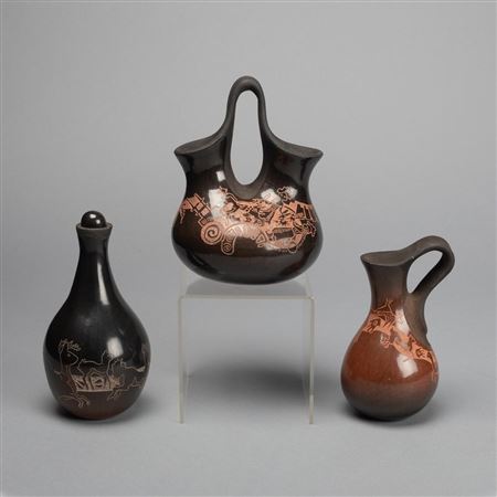 Group of Three Blackware Sgraffito Vases