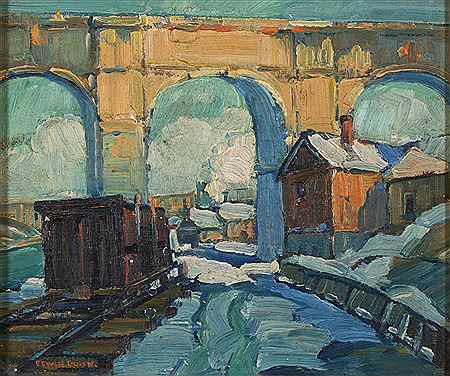 A Trainyard and Arched Bridge in the Snow