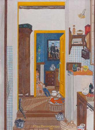 Young girl undressing in the living room seen from the kitchen