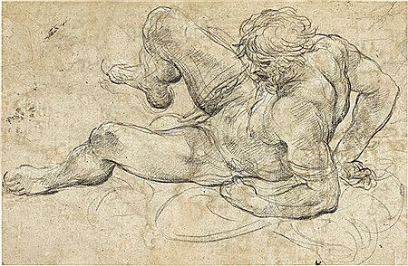 A reclining male nude: a study for the figure of Fury sprawling across armor