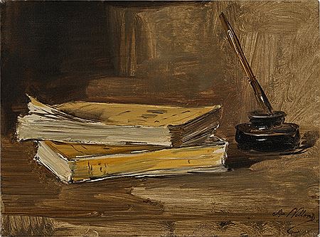 Still Life of Books with a Pen and Ink Well
