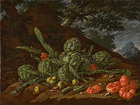 Still Life of Artichokes and Tomatoes in a Landscape