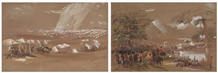 Two watercolors: A) From Artillery Encampment, Chobham B) Passage of Virginia Water, Camp Chobham