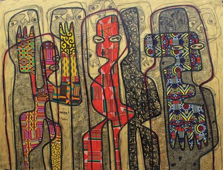 Sample artwork by Obina Makata (Born 1981), known for mixed media collages using ink, acrylic, and scraps of ankara fabric - View similar artists and auction records