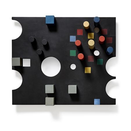 Rectangular relief, cut circles, painted and cut squares, emerging cubes and cylinders