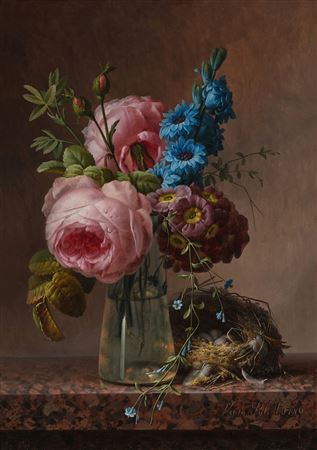 Still Life with Roses, Primula, and Delphinium in a Glass Vase, with a Bird's Nest on a Marble Ledge