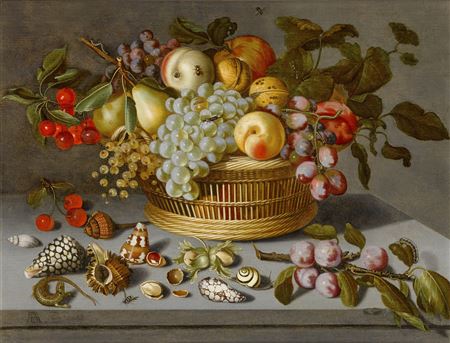 Still life of grapes, pears, cherries and other fruit in a wicker basket, with shells, a lizard, a snail, a bunch of cherries, almonds and plums on a stone ledge