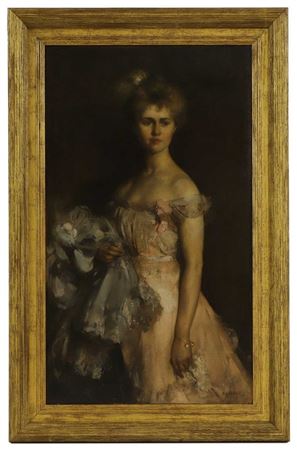 Portrait of Miss Betty Mylne, three-quarter-length standing, in a pink dress