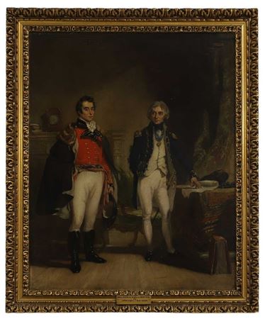 Nelson and Wellington in the waiting room at the Colonial Office, 1805 by John Prescott Knight - Auction record, sale price, and art valuation. Compare with similar artists and explore comparable artworks.