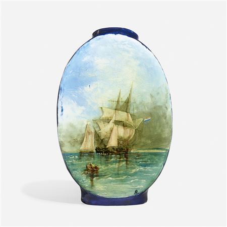 Early Limoges style vase with large Dutch galleon and boats at sea