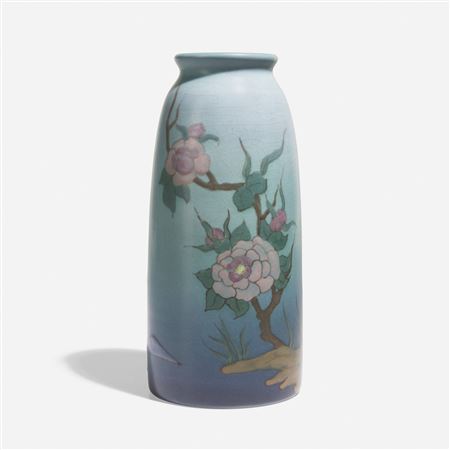 Rare scenic Vellum vase with Japanese camellia and apple tree branch by Vera Tischler - Auction record, sale price, and art valuation. Compare with similar artists and explore comparable artworks.