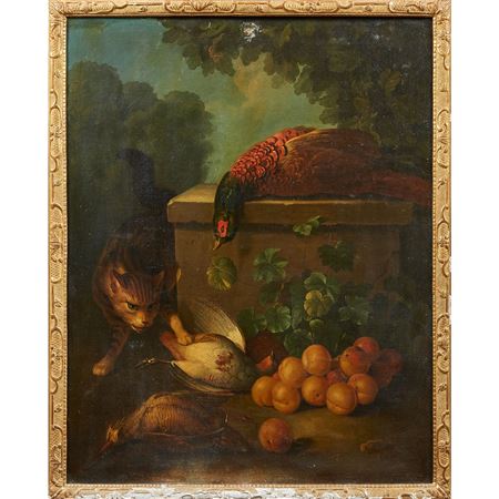 CAT, GAME AND APRICOTS IN A LANDSCAPE; MUSCOVY DUCK, CHICKS, DOG AND BASKET OF PLUMS IN A LANDSCAPE by Nicolas Desportes - Auction record, sale price, and art valuation. Compare with similar artists and explore comparable artworks.