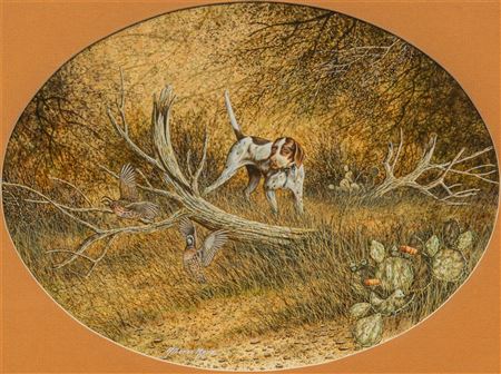 Bobwhites and Pointer by Alberto Meza - Auction record, sale price, and art valuation. Compare with similar artists and explore comparable artworks.