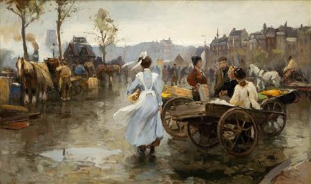 Spaanse Kade Rotterdam with a maid, numerous figures and working horses, the Laurenskerk in the distance