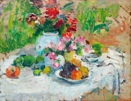 Stilleven met bloemen en fruit