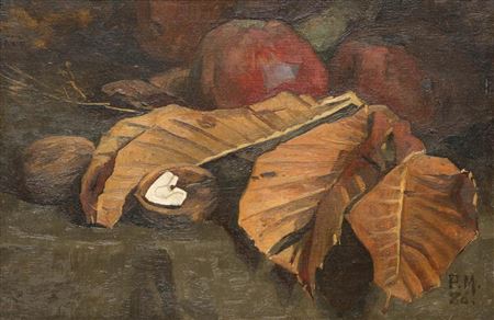 Autumn still life with apples, leaves and walnuts