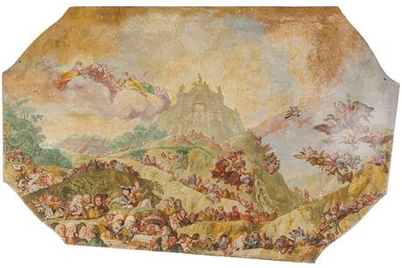 The poets gloriously ascend the Parnassus where the temple of Apollo stands