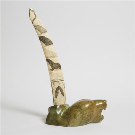 TUSK INCISED WITH PREDATORS AND PREY, CA. 1974