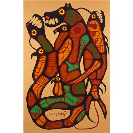 Sample artwork by Norval (Copper Thunderbird) Morrisseau (1932 - 2007), known for modernist indian figurative motif painting and drawing - View similar artists and auction records