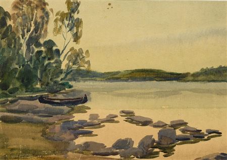 River landscape with barge