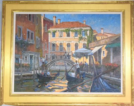Venice canal scene with figures in gondolas
