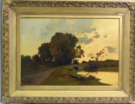 Landscape with stone bridge at sunset