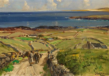 FIGURES AND CATTLE ON A COASTAL ROAD, WEST OF IRELAND