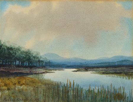 LAKE SCENE WITH FOREST AND MOUNTAINS