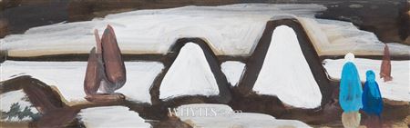 Cottages and Figures with Sailboat