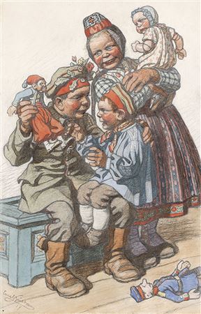 Schrecksbach/Schwalm The gift. Young soldier playing with a hand puppet and a small boy, next to him a Schwälm girl with a baby in her arms